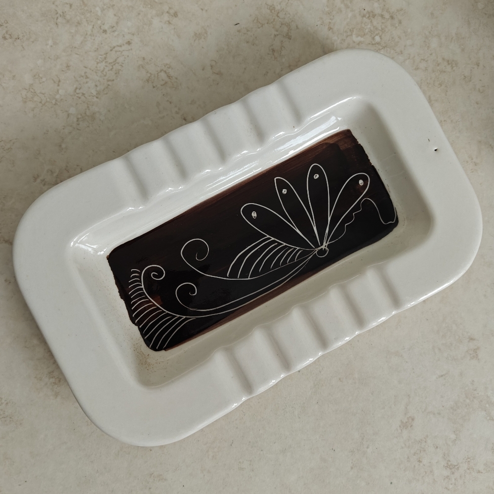 Rare MCM Lapid Israel Hand painted Ceramic Tray with Brown Sgrafito Design